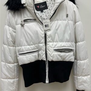 Guess Women's Black and White Cropped Puffer Jacket